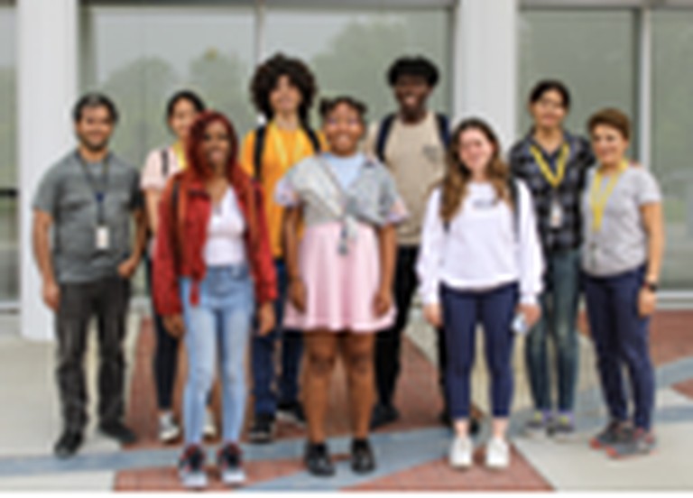 Twelve undergraduate and high-school trainees who researched in the Z-Lab during summer 2023, with their Ph.D. mentors, outside the Joint School of Nanoscience and Nanoengineering